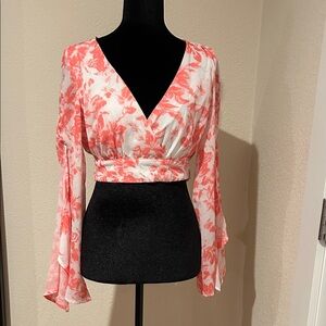 Chic Floral Wrap Blouse - Coral and White